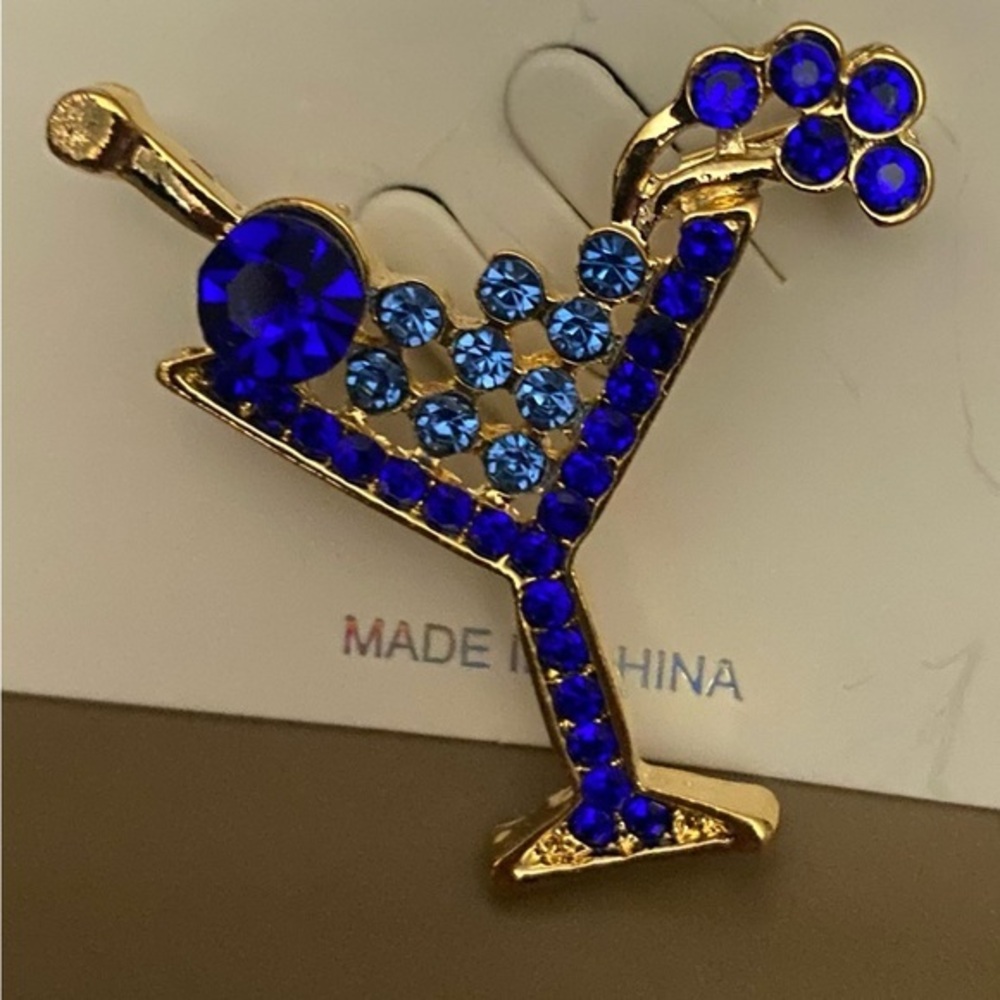 Sparkling Gold and Blue Crystal Cocktail Brooch